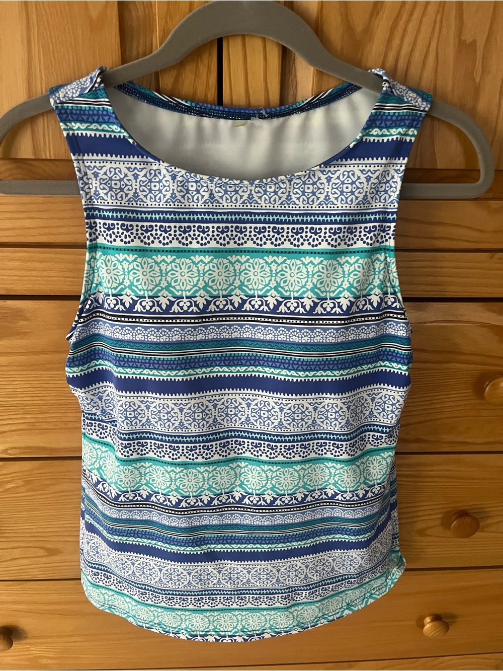 Land’s End 6 Patterned Tankini Top in shades of blue.